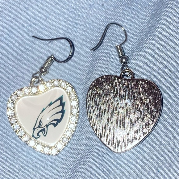 Jewelry - Silver Heart Drop Earrings with Eagles Green Logo Accent
